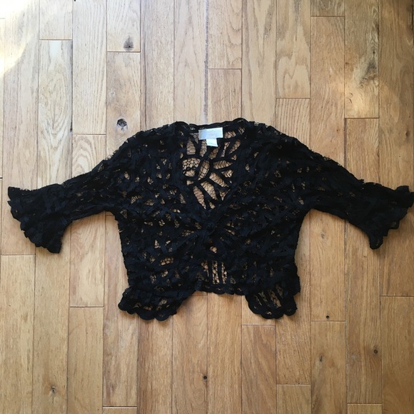 Kroshetta by Papillon Tops - Black crochet lace cropped button jacket shrug size small/medium